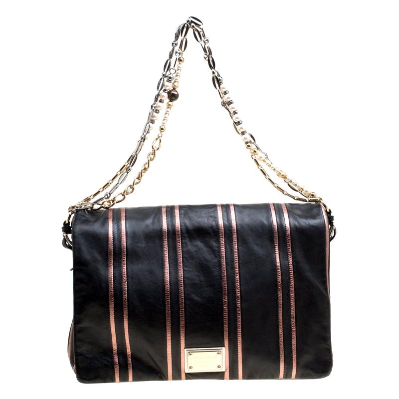 Dolce and Gabbana Black/Pink Leather Stripe Miss Charles Shoulder Bag