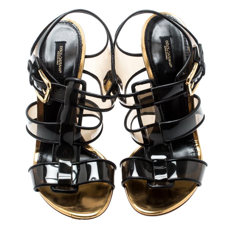 Dolce And Gabbana Black PVC And Leather Strappy  Detail Heel Sandals Size 41 In Good Condition In Dubai, Al Qouz 2