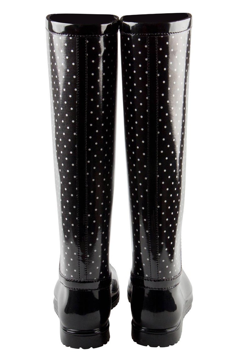 Dolce And Gabbana Black PVC Polka Dot Long Rain Boots Size 38 For Sale