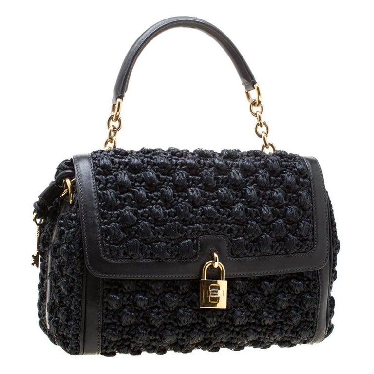 Dolce and Gabbana Black Raffia and Leather Padlock Tote For Sale at 1stDibs
