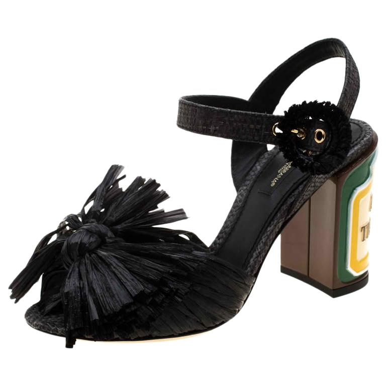 Dolce and Gabbana Black Raffia Keira Ankle Strap Sandals Size 36