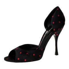 Dolce and Gabbana Black Satin Polka Dot Open Toe Pumps Size 38.5