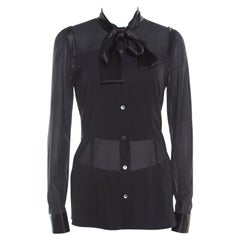 Dolce and Gabbana Black Satin Trim Neck Tie Detail Long Sleeve Blouse S