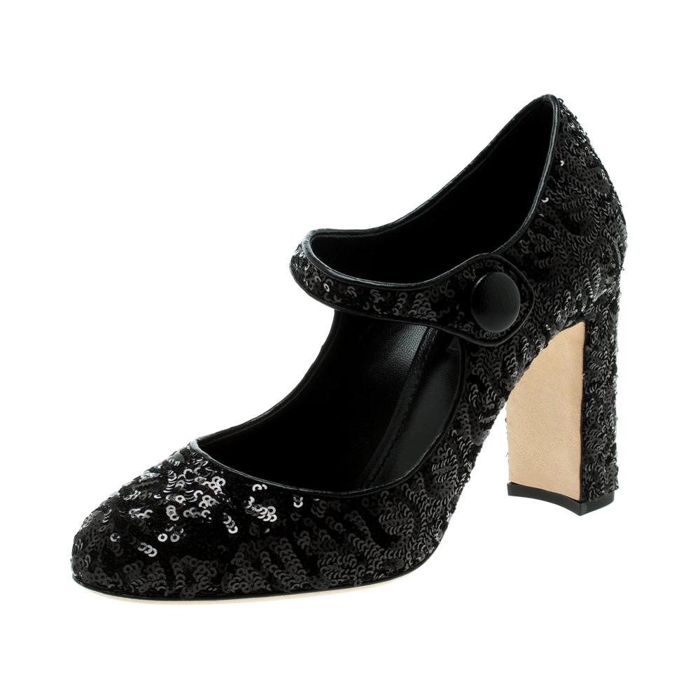 Dolce and Gabbana Black Sequin Mary Jane Pumps Size 38