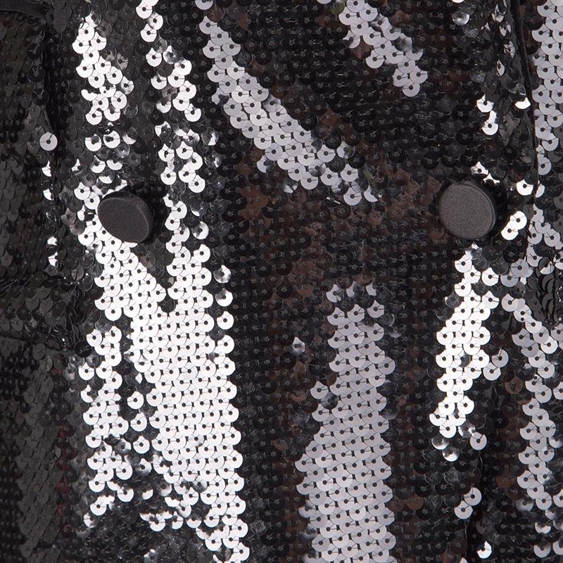 Women's Dolce and Gabbana Black Sequin Paillette Velvet Trim Double Breasted Coat S