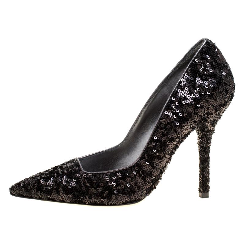 Dolce and Gabbana Black Sequins Pointed Toe Pumps Size 38