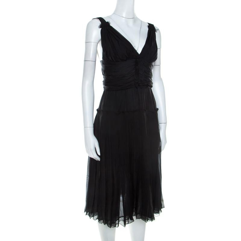 Dolce and Gabbana Black Silk Elasticized Strap Detail Dress M In Good Condition In Dubai, Al Qouz 2