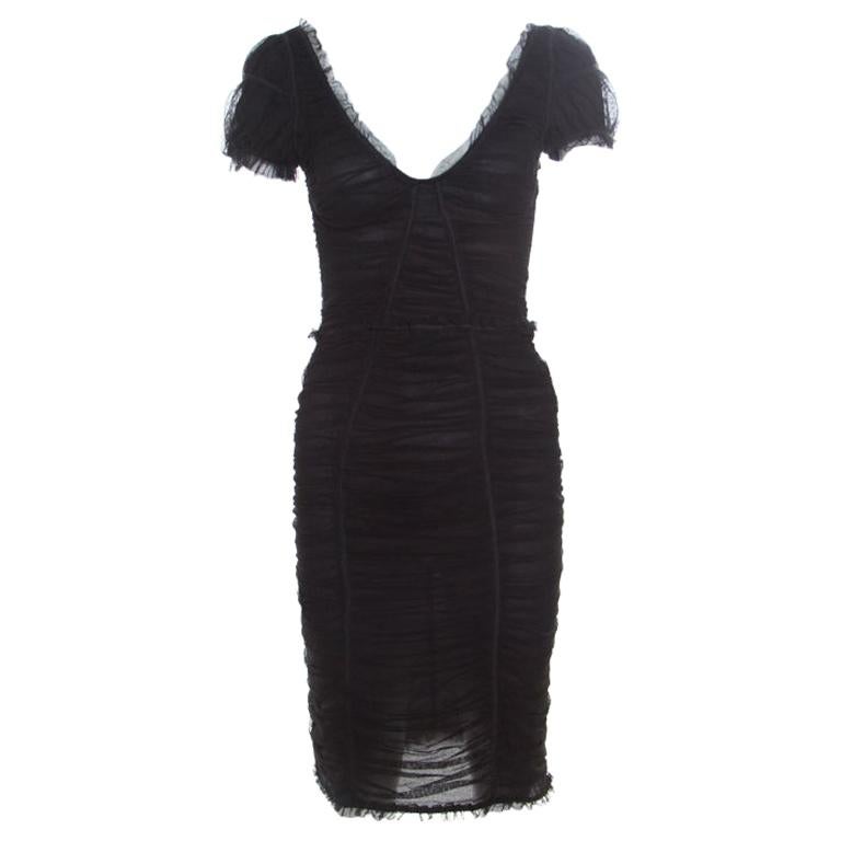 Dolce and Gabbana Black Stretch Cotton Tulle Ruched Plunge Neck Fitted Dress M
