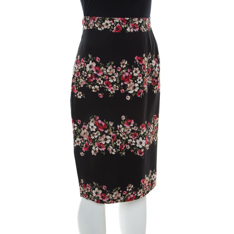 Dolce and Gabbana Black Striped Floral Print Cady Pencil Skirt S In Good Condition In Dubai, Al Qouz 2