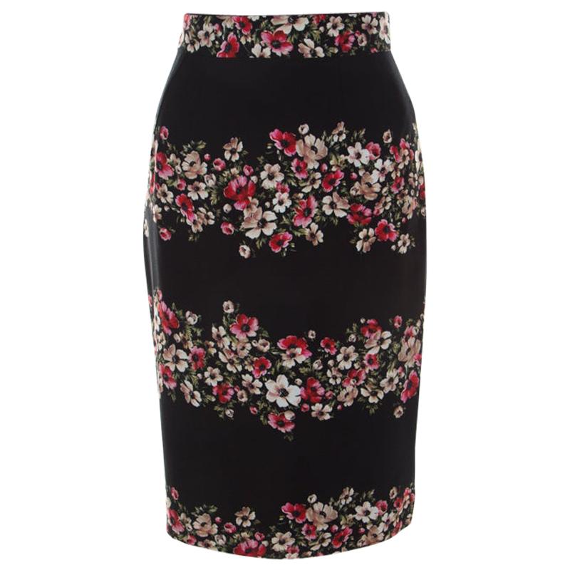 Dolce and Gabbana Black Striped Floral Print Cady Pencil Skirt S