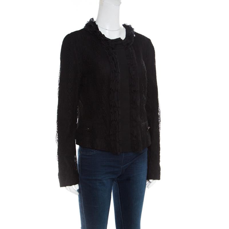 Dolce and Gabbana Black Striped Lace Ruffle Trim Button Front Jacket M In Good Condition In Dubai, Al Qouz 2