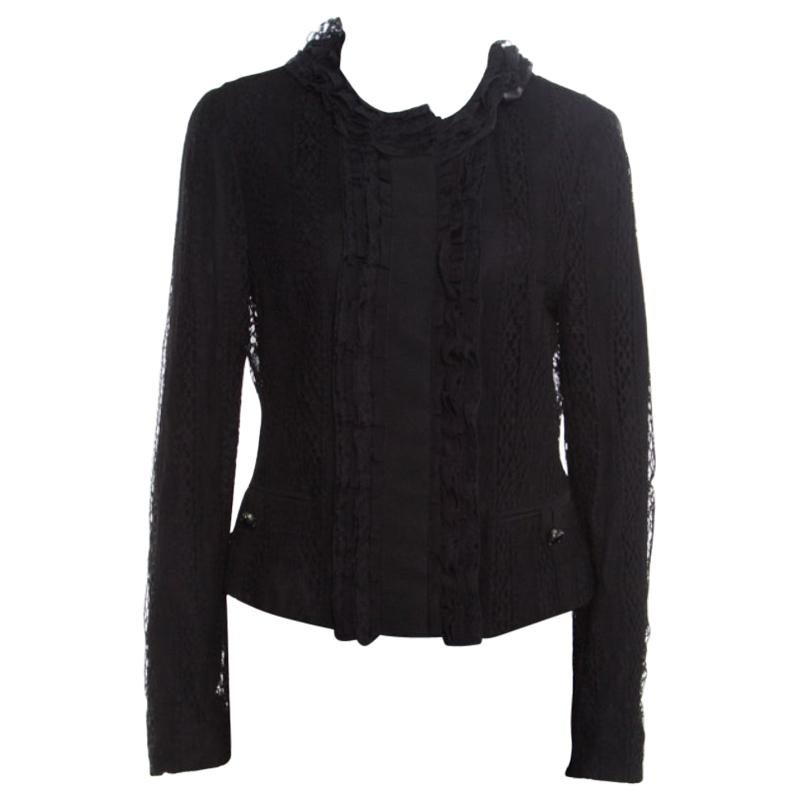 Dolce and Gabbana Black Striped Lace Ruffle Trim Button Front Jacket M