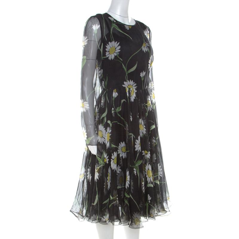 Dolce and Gabbana Black Sunflower Print Silk Gathered Midi Dress M In Good Condition In Dubai, Al Qouz 2