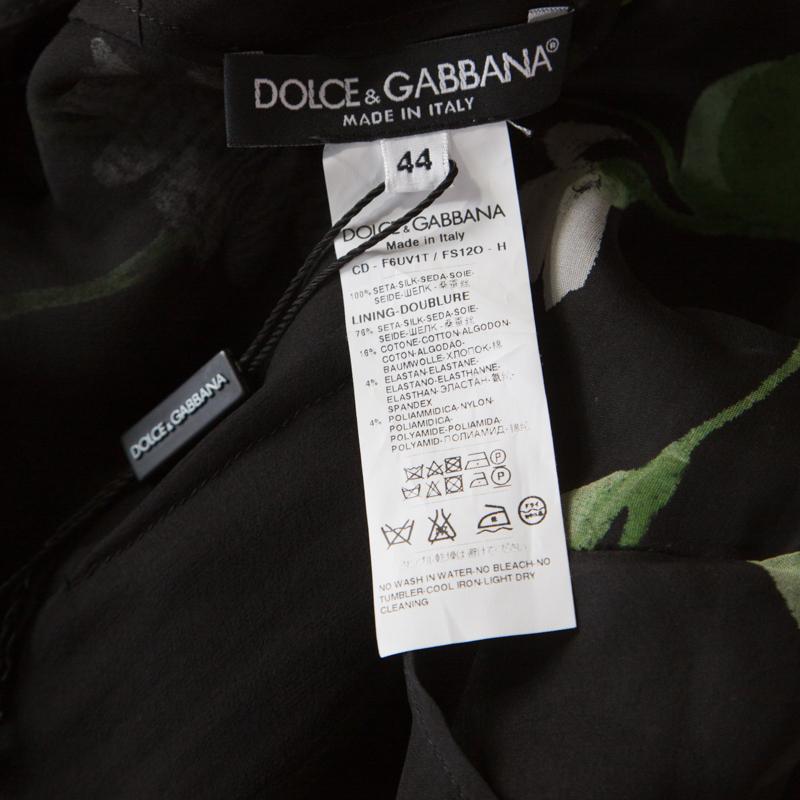 Women's Dolce and Gabbana Black Sunflower Print Silk Gathered Midi Dress M