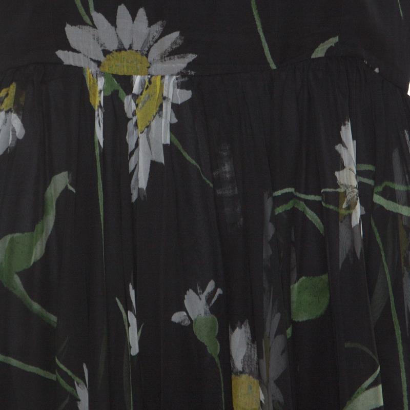 Dolce and Gabbana Black Sunflower Print Silk Gathered Midi Dress M 1