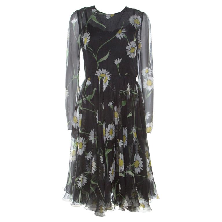 Dolce and Gabbana Black Sunflower Print Silk Gathered Midi Dress M