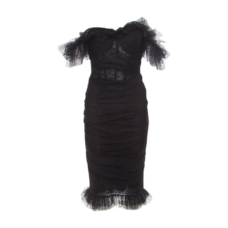 Dolce and Gabbana Black Swiss Dot Lace Ruffled Ruched Dress S For Sale ...