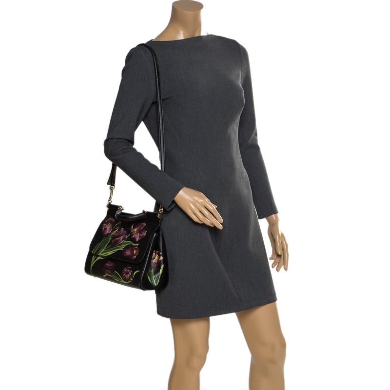 Dolce and Gabbana Black Tulip Leather Miss Sicily Top Haandle Bag In Good Condition For Sale In Dubai, Al Qouz 2