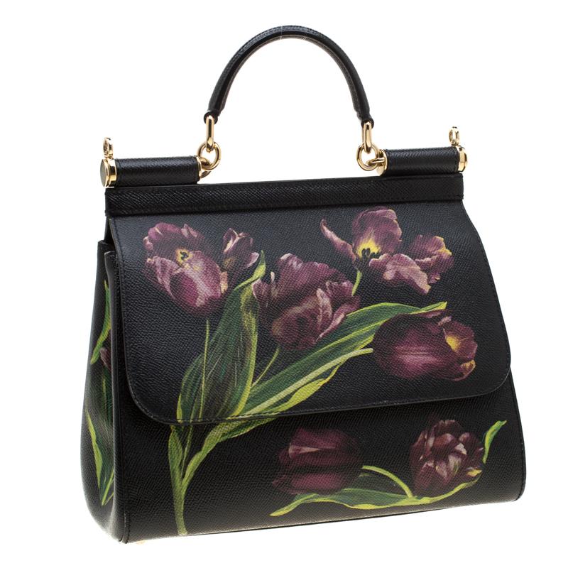Women's Dolce and Gabbana Black Tulip Leather Miss Sicily Top Haandle Bag For Sale