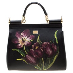 Dolce and Gabbana Black Tulip Leather Miss Sicily Top Haandle Bag