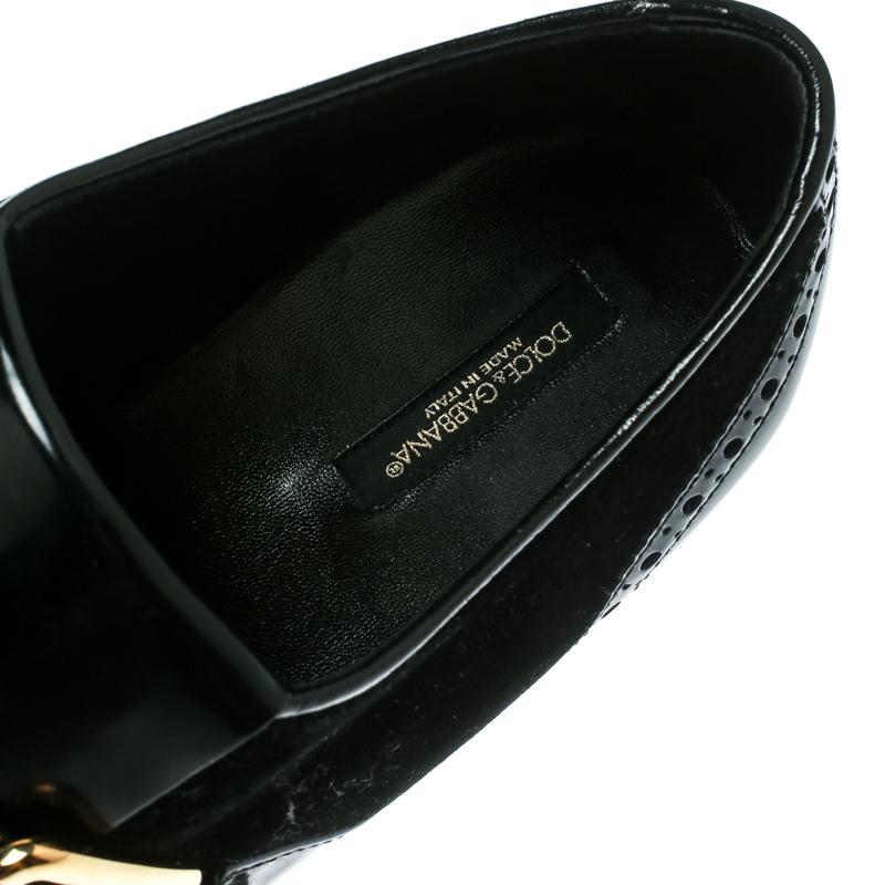 Women's Dolce and Gabbana Black Velvet and Brogue Leather Buckle Detail Loafers Size 40