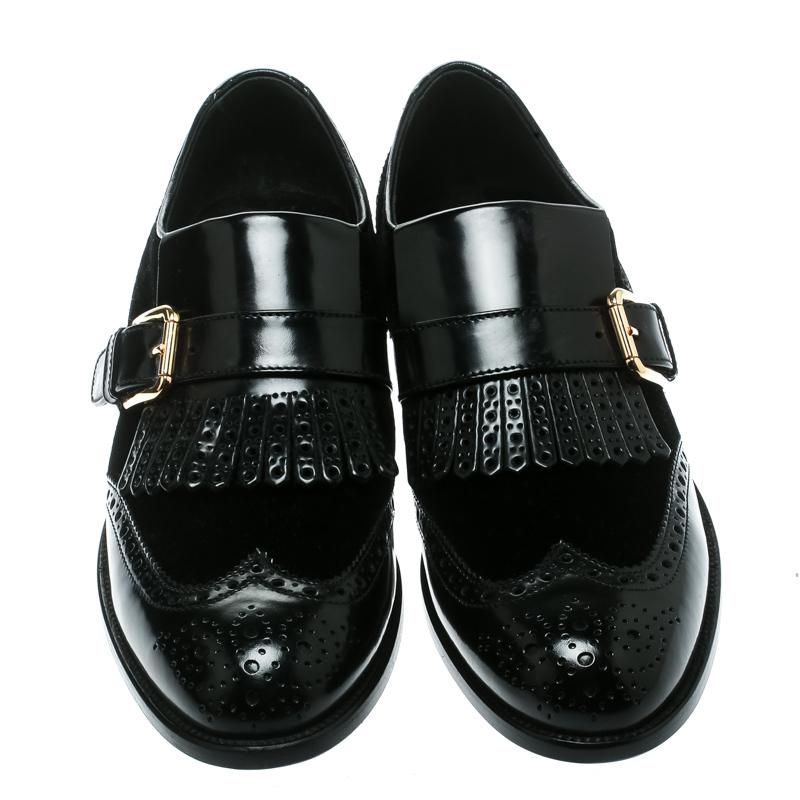 Dolce and Gabbana Black Velvet and Brogue Leather Buckle Detail Loafers Size 40 2