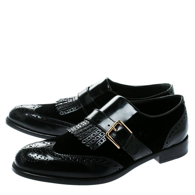 Dolce and Gabbana Black Velvet and Brogue Leather Buckle Detail Loafers Size 40 3