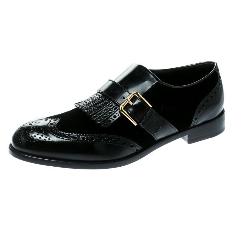 Dolce and Gabbana Black Velvet and Brogue Leather Buckle Detail Loafers Size 40