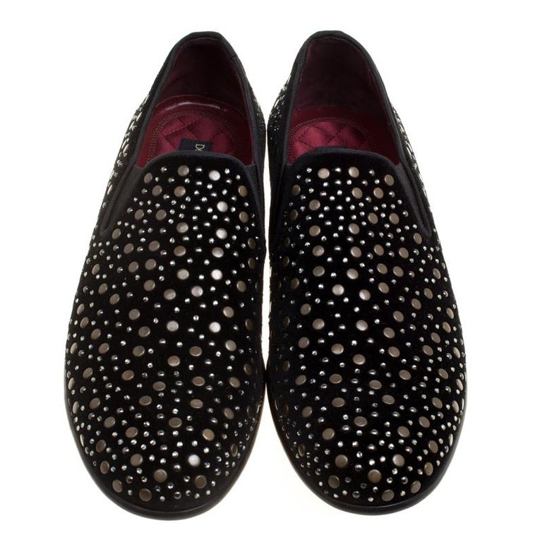 Dolce & Gabbana Black Velvet Crystal Crown Loafers Formal Dress Shoes