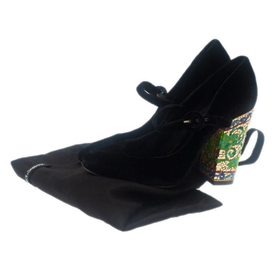 Dolce and Gabbana Black Velvet Embellished Heel Mary Jane Pumps Size 39 6