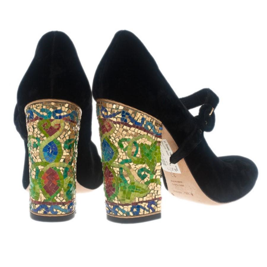 Dolce and Gabbana Black Velvet Embellished Heel Mary Jane Pumps Size 39 1