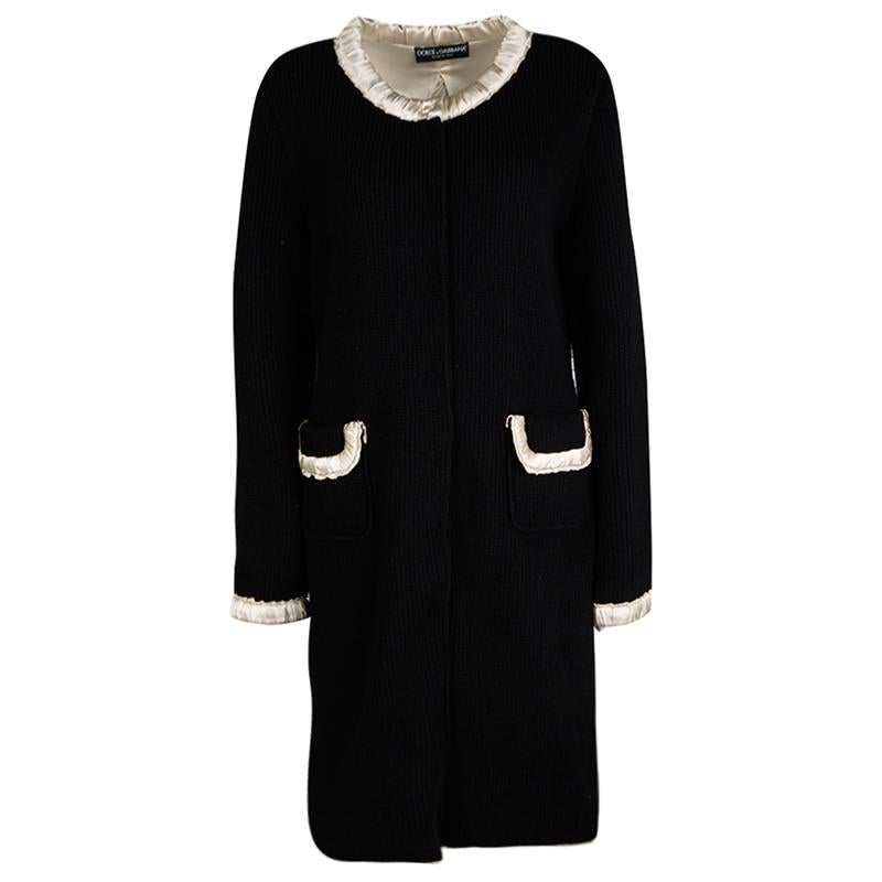 Dolce and Gabbana Black Wool Contrast Silk Trim Detail Long Coat M