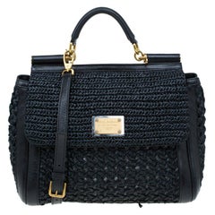 Dolce and Gabbana Black Woven Raffia Miss Sicily Top Handle Bag