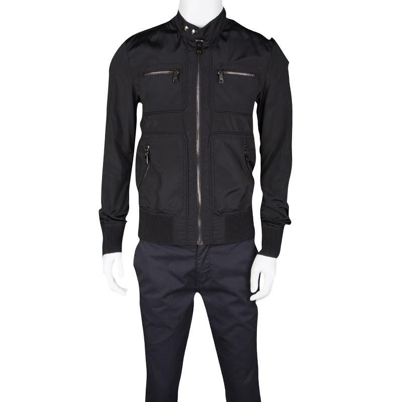 Dolce and Gabbana Black Zip Front Bomber Jacket M In Excellent Condition In Dubai, Al Qouz 2
