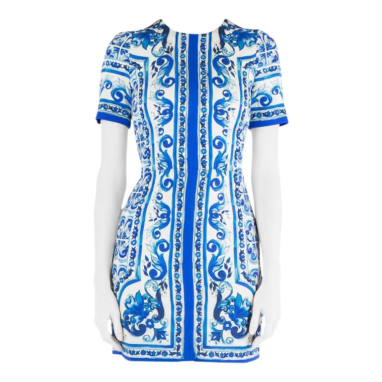 Dolce and Gabbana Blue and White Majolica Printed Silk Fitted Sheath Dress S