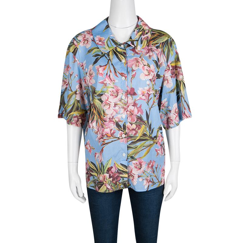 Gray Dolce and Gabbana Blue Floral Printed Cotton Short Sleeve Button Front Shirt M