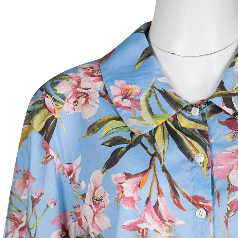 Dolce and Gabbana Blue Floral Printed Cotton Short Sleeve Button Front Shirt M In Good Condition In Dubai, Al Qouz 2