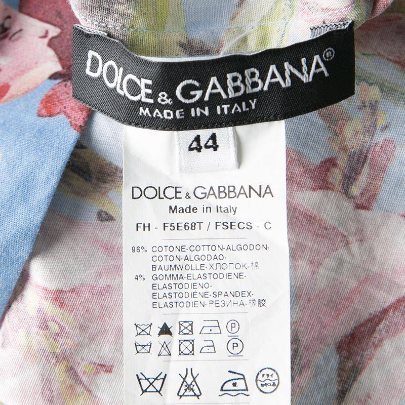 Women's Dolce and Gabbana Blue Floral Printed Cotton Short Sleeve Button Front Shirt M