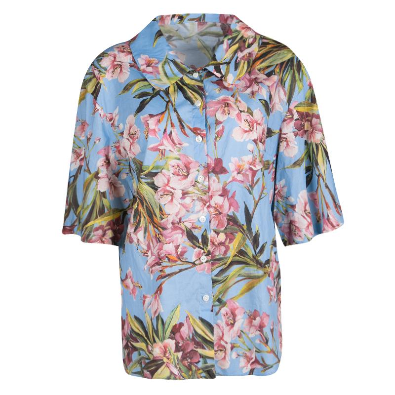 Dolce and Gabbana Blue Floral Printed Cotton Short Sleeve Button Front Shirt M