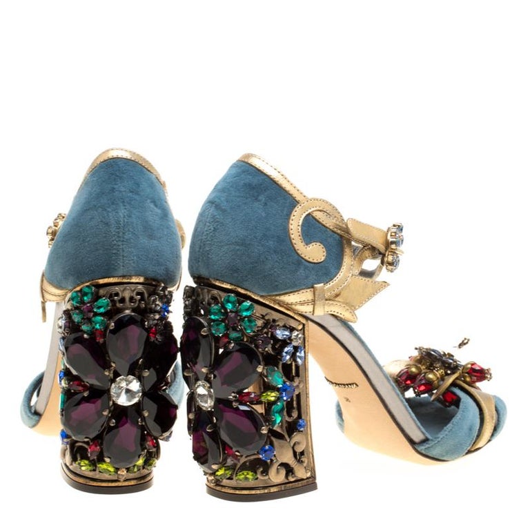 Dolce and Gabbana Blue Gold Crystal Embellished Heel Ankle Strap ...