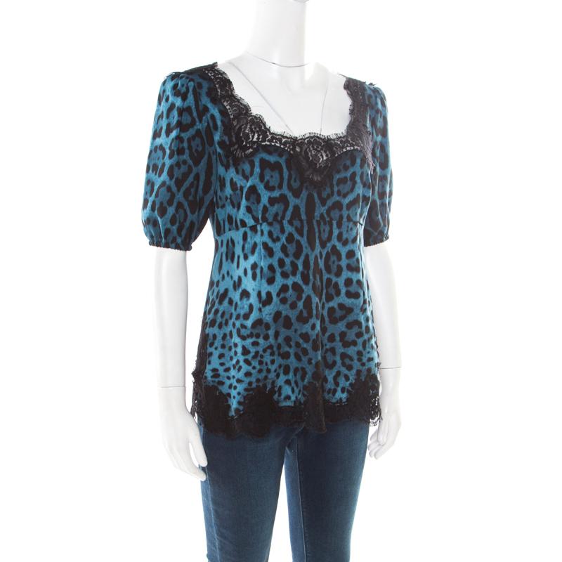 Black Dolce and Gabbana Blue Leopard Printed Silk Scalloped Lace Detail Blouse S