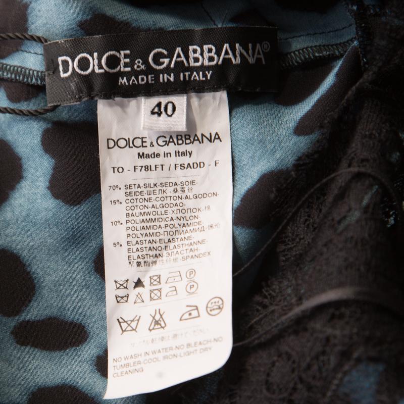 Dolce and Gabbana Blue Leopard Printed Silk Scalloped Lace Detail Blouse S In Good Condition In Dubai, Al Qouz 2