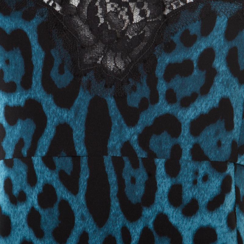 Women's Dolce and Gabbana Blue Leopard Printed Silk Scalloped Lace Detail Blouse S