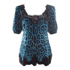Dolce and Gabbana Blue Leopard Printed Silk Scalloped Lace Detail Blouse S