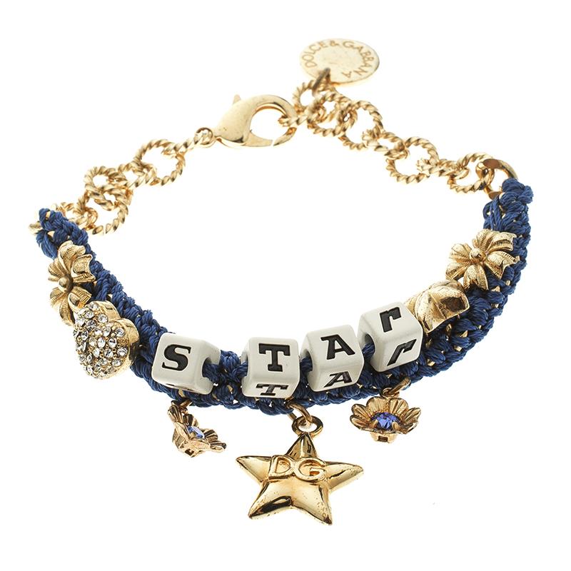 Dolce and Gabbana Blue Star Dice Charm Gold Tone Bracelet In Good Condition In Dubai, Al Qouz 2