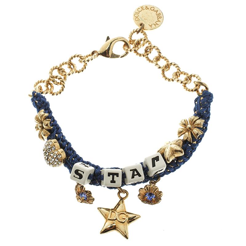 Dolce and Gabbana Blue Star Dice Charm Gold Tone Bracelet