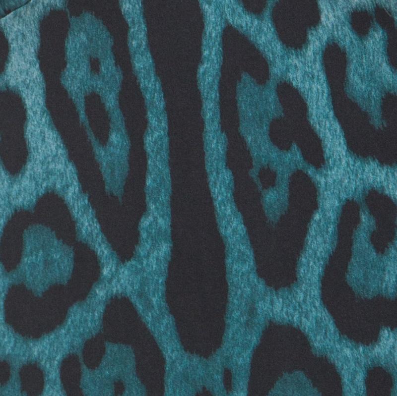 Women's Dolce and Gabbana Blue Stretch Silk Leopard Print Three Quarter Sleeve Top S
