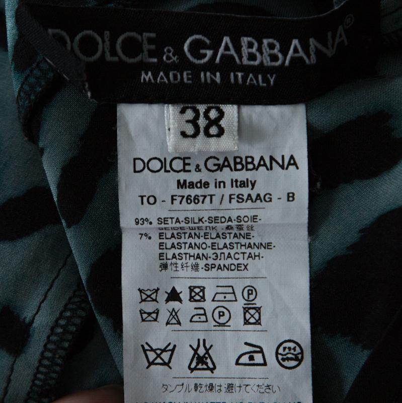Dolce and Gabbana Blue Stretch Silk Leopard Print Three Quarter Sleeve Top S 1