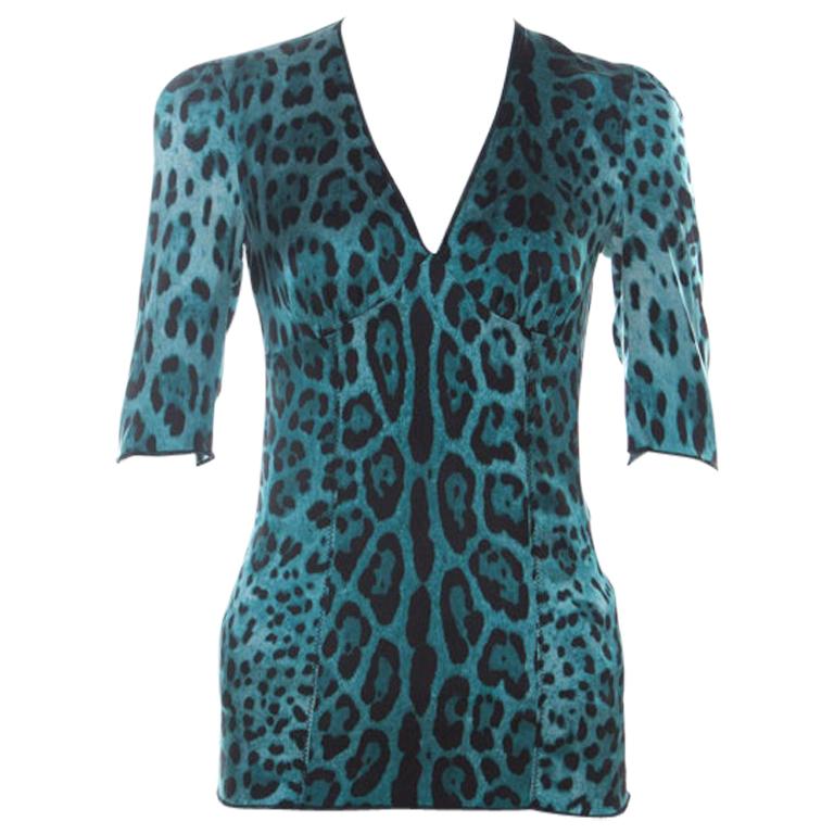 Dolce and Gabbana Blue Stretch Silk Leopard Print Three Quarter Sleeve Top S