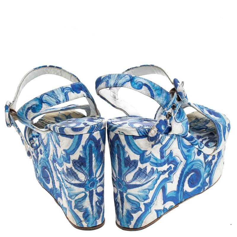 Dolce and Gabbana Blue/White Majolica Print Canvas Ankle Strap Size 38. ...